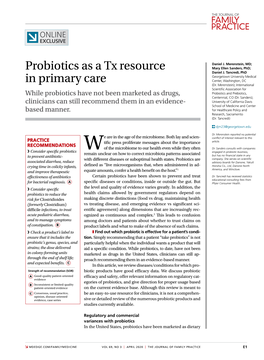 Probiotics As a Tx Resource in Primary Care