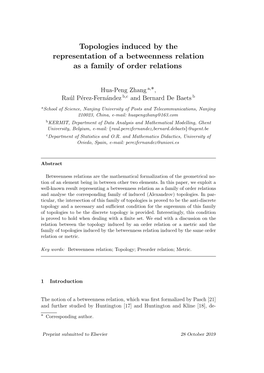 Topologies Induced by the Representation of a Betweenness Relation As a Family of Order Relations
