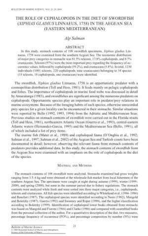The Role of Cephalopods in the Diet of Swordfish (Xiphias Gladius Linnaeus, 1758) in the Aegean Sea (Eastern Mediterranean)