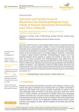 Extraction and Toxicity Assay of Mycotoxin from Entomopathogenic Fungi Isolate of Kusuma Agrowisata Orchard Batu, Jawa Timur, Indonesia Derdy Janli1, Maria Goretti M