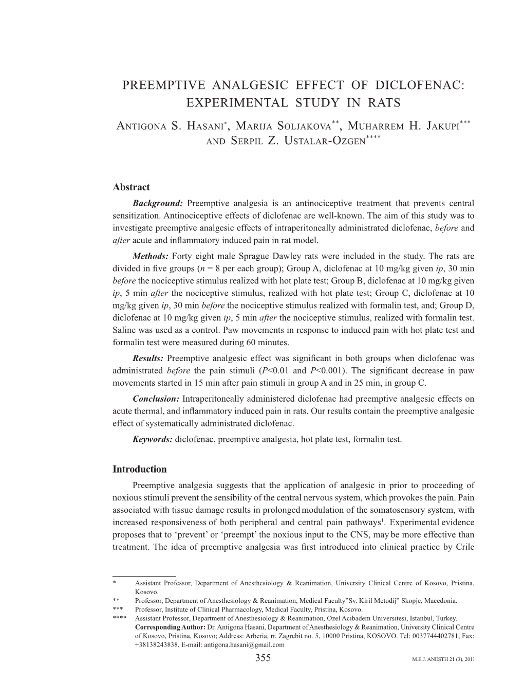 Preemptive Analgesic Effect of Diclofenac: Experimental Study in Rats