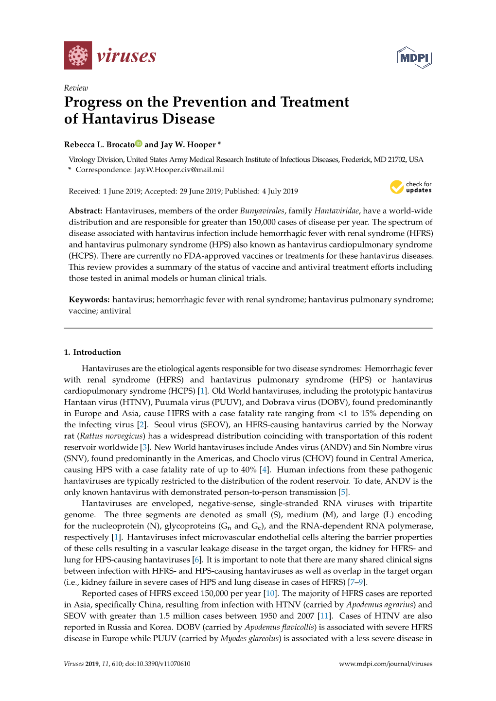 Progress on the Prevention and Treatment of Hantavirus Disease