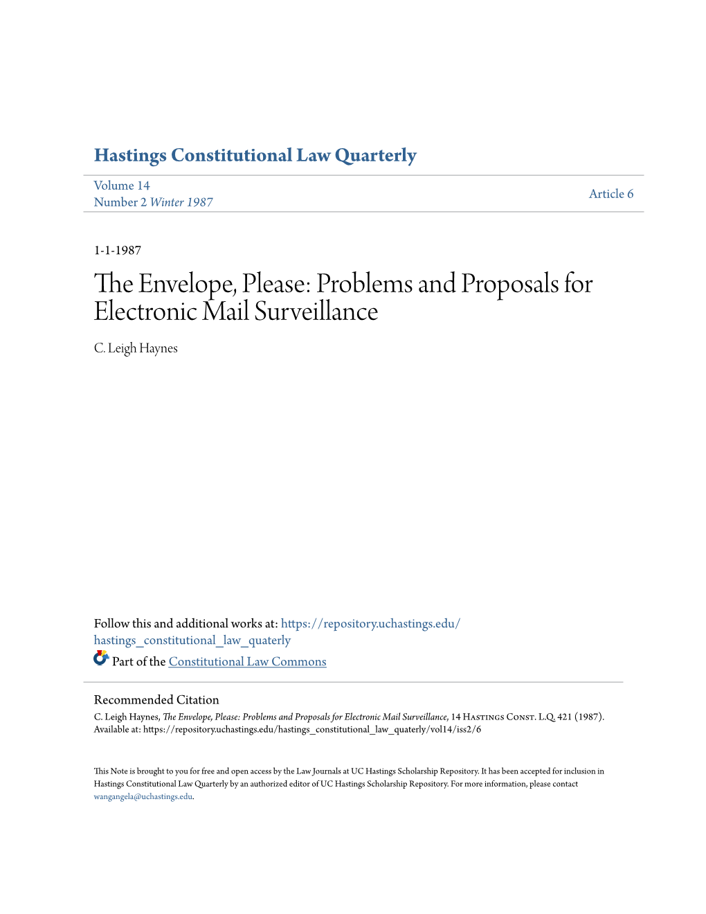 The Envelope, Please: Problems and Proposals for Electronic Mail Surveillance, 14 Hastings Const