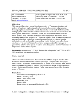 LIN4930/VTN4930 STRUCTURE of VIETNAMESE Fall 2013 Dr. Andrea