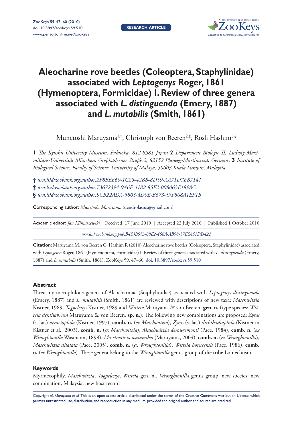 Aleocharine Rove Beetles (Coleoptera, Staphylinidae) Associated with Leptogenys Roger, 1861 (Hymenoptera, Formicidae) I