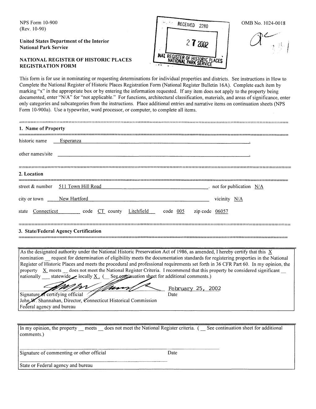 Ombno. 1024-0018 NFS Form 10