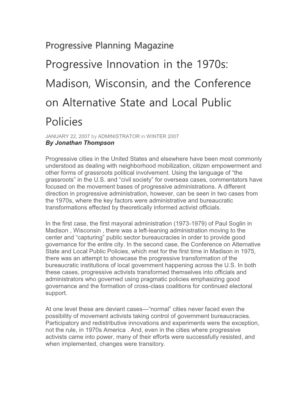 Progressive Innovation in the 1970S: Madison, Wisconsin, and the Conference on Alternative State and Local Public Policies