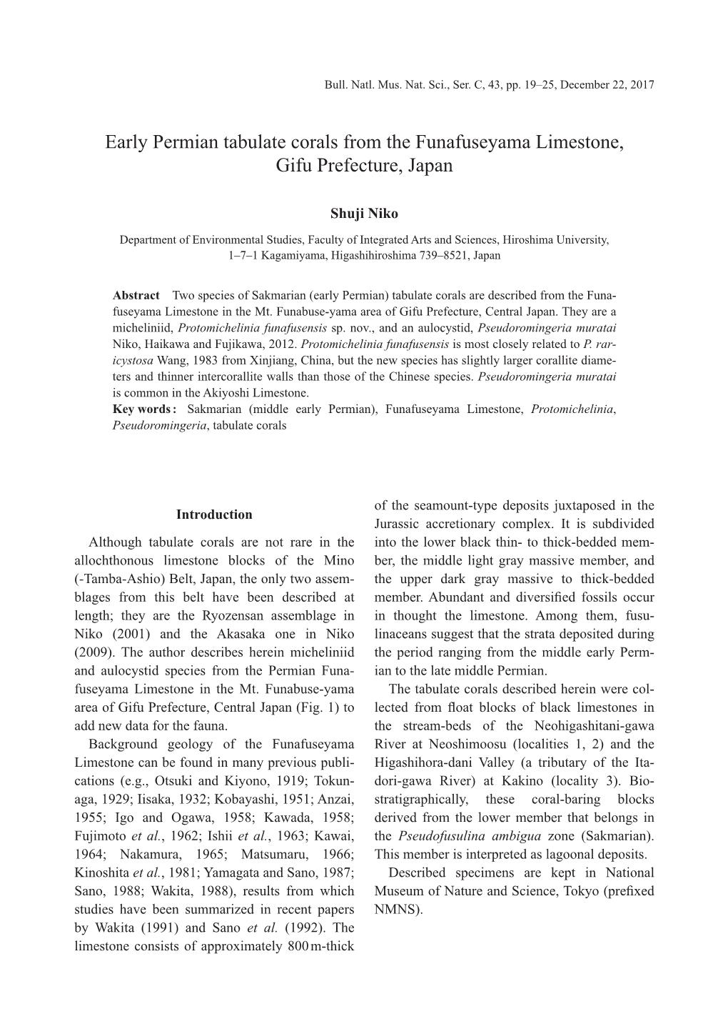 Early Permian Tabulate Corals from the Funafuseyama Limestone, Gifu Prefecture, Japan