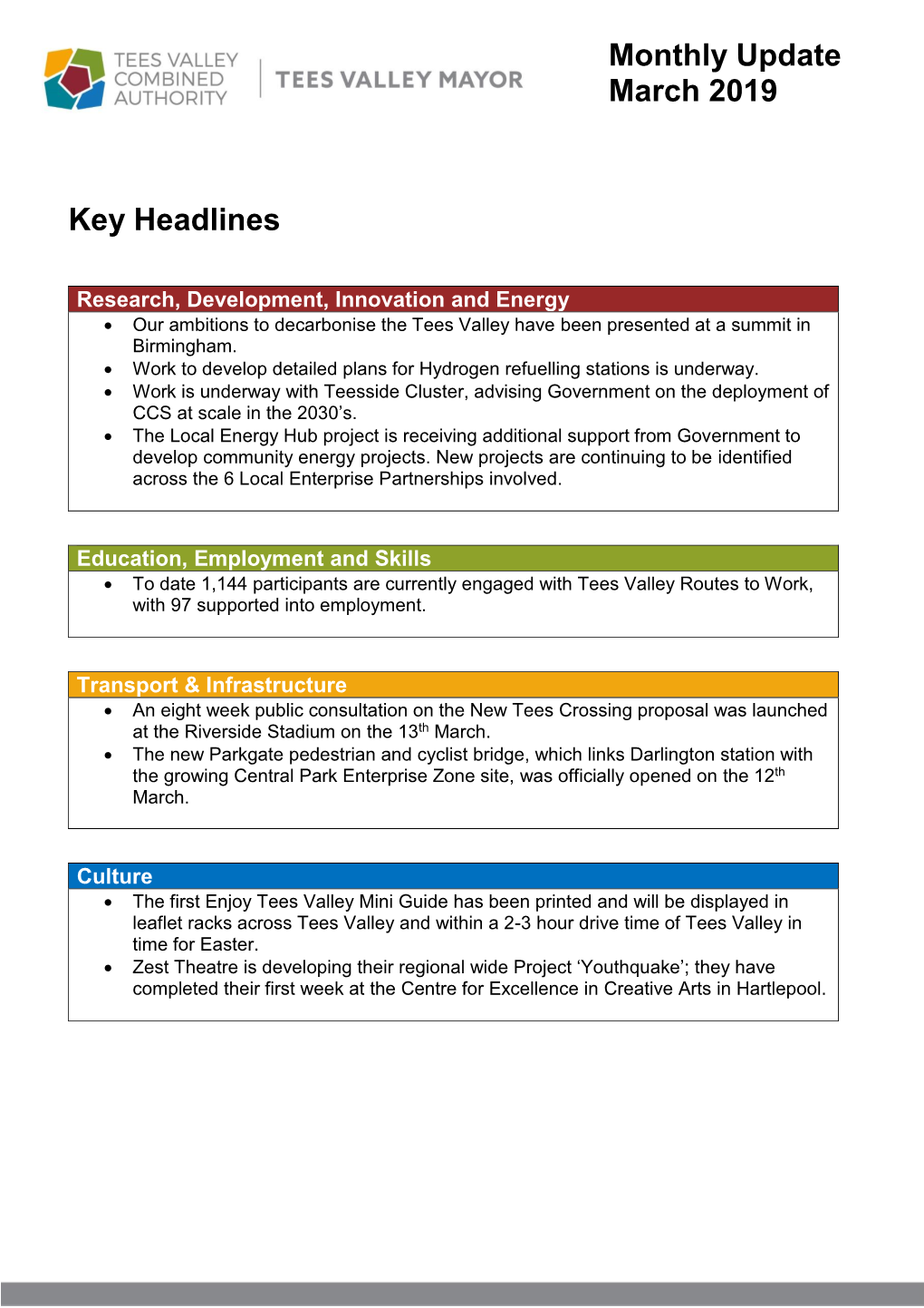 Key Headlines Monthly Update March 2019