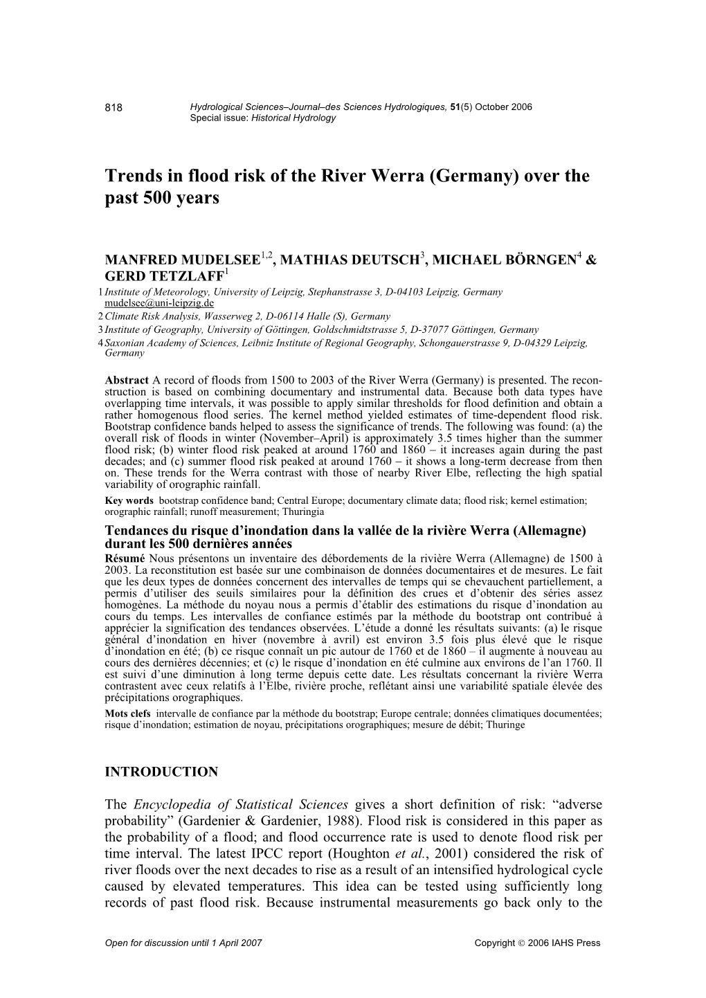 Trends in Flood Risk of the River Werra (Germany) Over the Past 500 Years