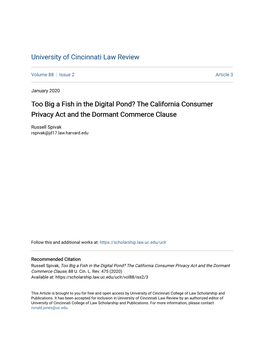 Too Big a Fish in the Digital Pond? the California Consumer Privacy Act and the Dormant Commerce Clause