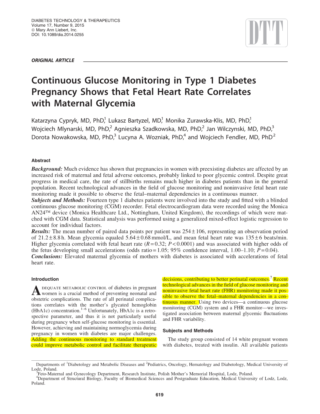 Continuous Glucose Monitoring in Type 1 Diabetes Pregnancy Shows That Fetal Heart Rate Correlates with Maternal Glycemia