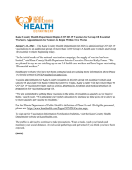 Kane County Health Department Begins COVID-19 Vaccines for Group 1B Essential Workers; Appointments for Seniors to Begin Within Two Weeks