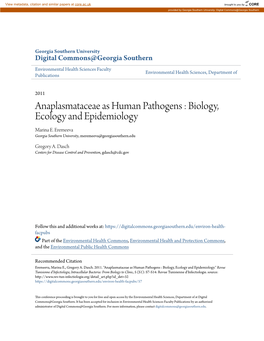 Anaplasmataceae As Human Pathogens : Biology, Ecology and Epidemiology Marina E