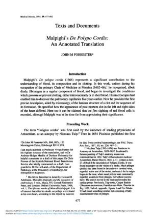 Texts and Documents Malpighi's De Polypo Cordis: an Annotated