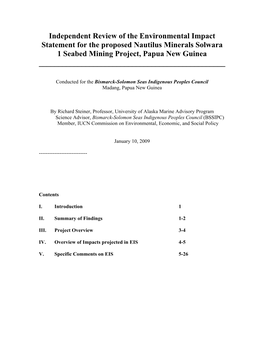 Independent Review of the Environmental Impact Statement for the Proposed Nautilus Minerals Solwara 1 Seabed Mining Project, Papua New Guinea ______