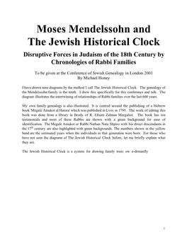 Moses Mendelssohn and the Jewish Historical Clock Disruptive Forces in Judaism of the 18Th Century by Chronologies of Rabbi Families