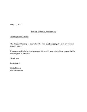 May 21, 2021 NOTICE of REGULAR MEETING To