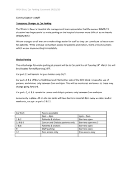 WGH Site / Car Parking Statement 24/03/20 Communication to Staff