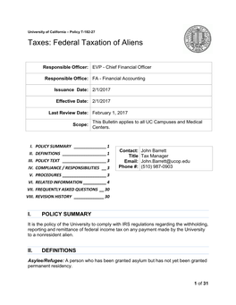 Taxes: Federal Taxation of Aliens