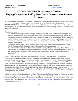 AG Balderas Joins 20 Attorneys General Urging Congress to Swiftly Pass Clean Dream Act to Protect Dreamers
