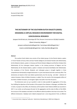 The Dictionary of the Southern Dutch Dialects (Dsdd): Designing a Virtual Research Environment for Digital Lexicological Research