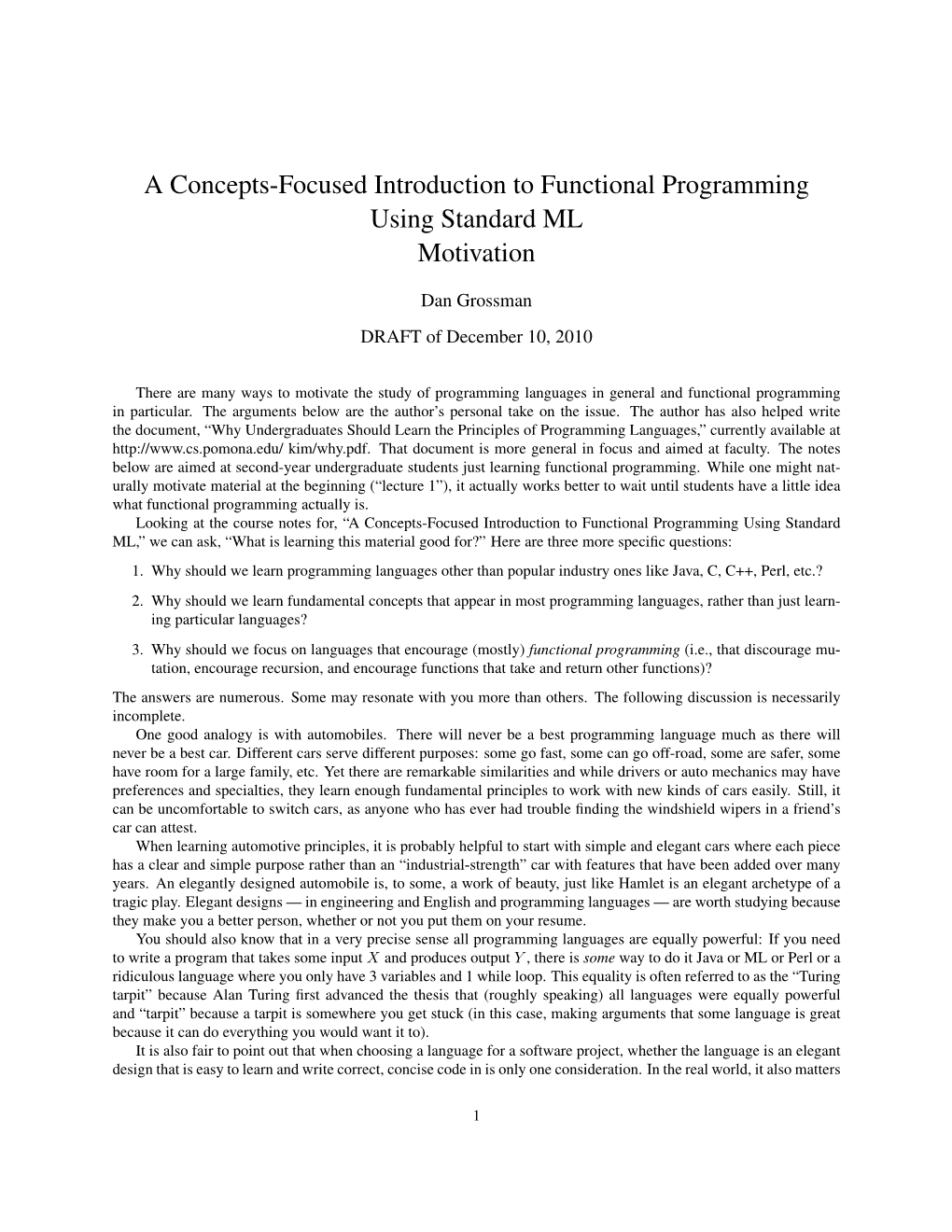 A Concepts-Focused Introduction to Functional Programming Using Standard ML Motivation