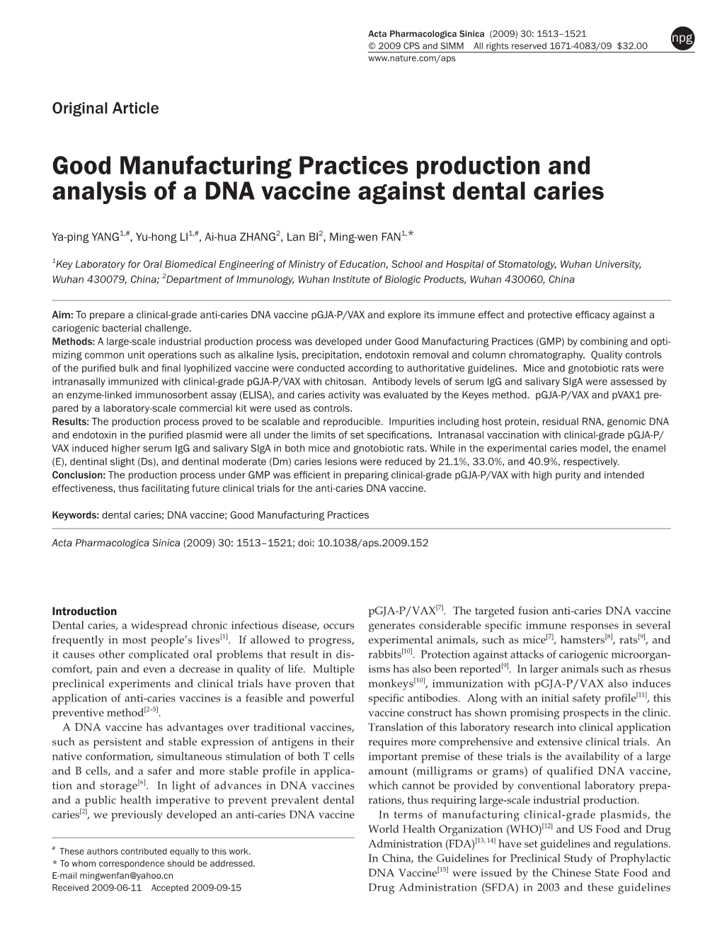 Good Manufacturing Practices Production and Analysis of a DNA Vaccine Against Dental Caries