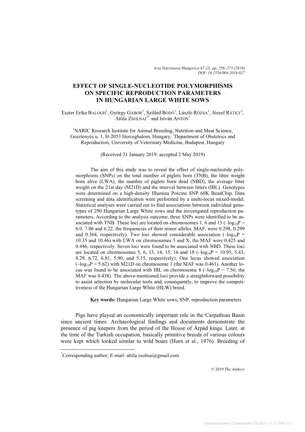 Effect of Single-Nucleotide Polymorphisms on Specific Reproduction Parameters in Hungarian Large White Sows