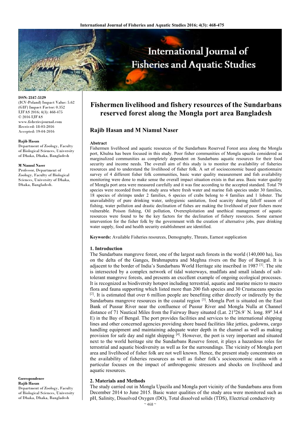 Fishermen Livelihood and Fishery Resources of the Sundarbans
