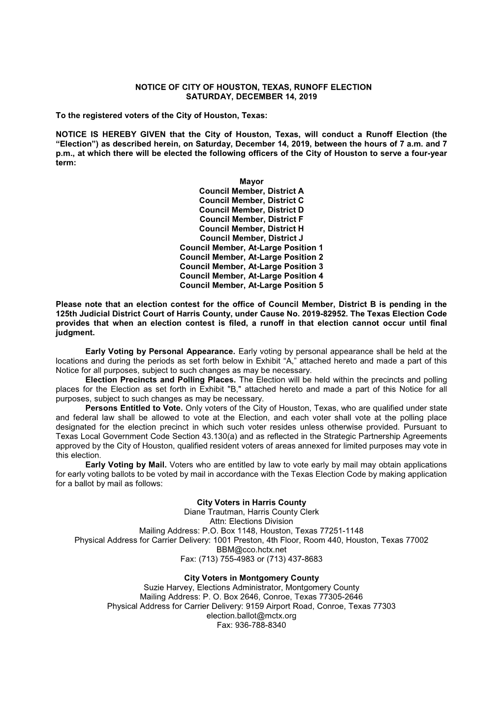 Notice of City of Houston, Texas, Runoff Election Saturday, December 14, 2019