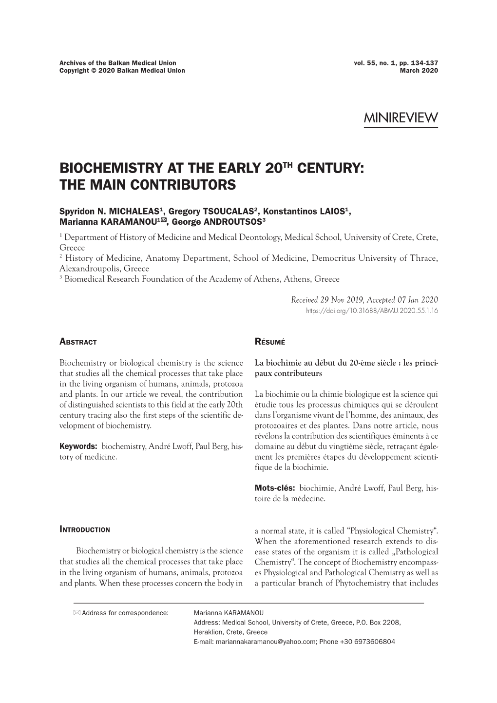 Biochemistry at the Early 20Th Century: the Main Contributors