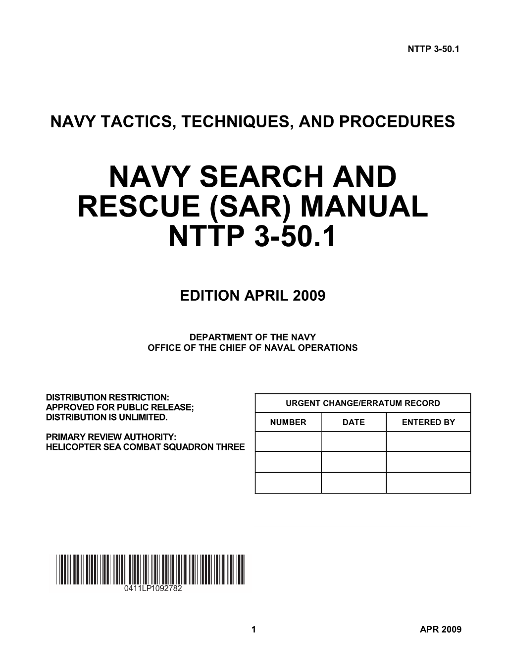 Navy Search and Rescue (Sar) Manual Nttp 3-50.1