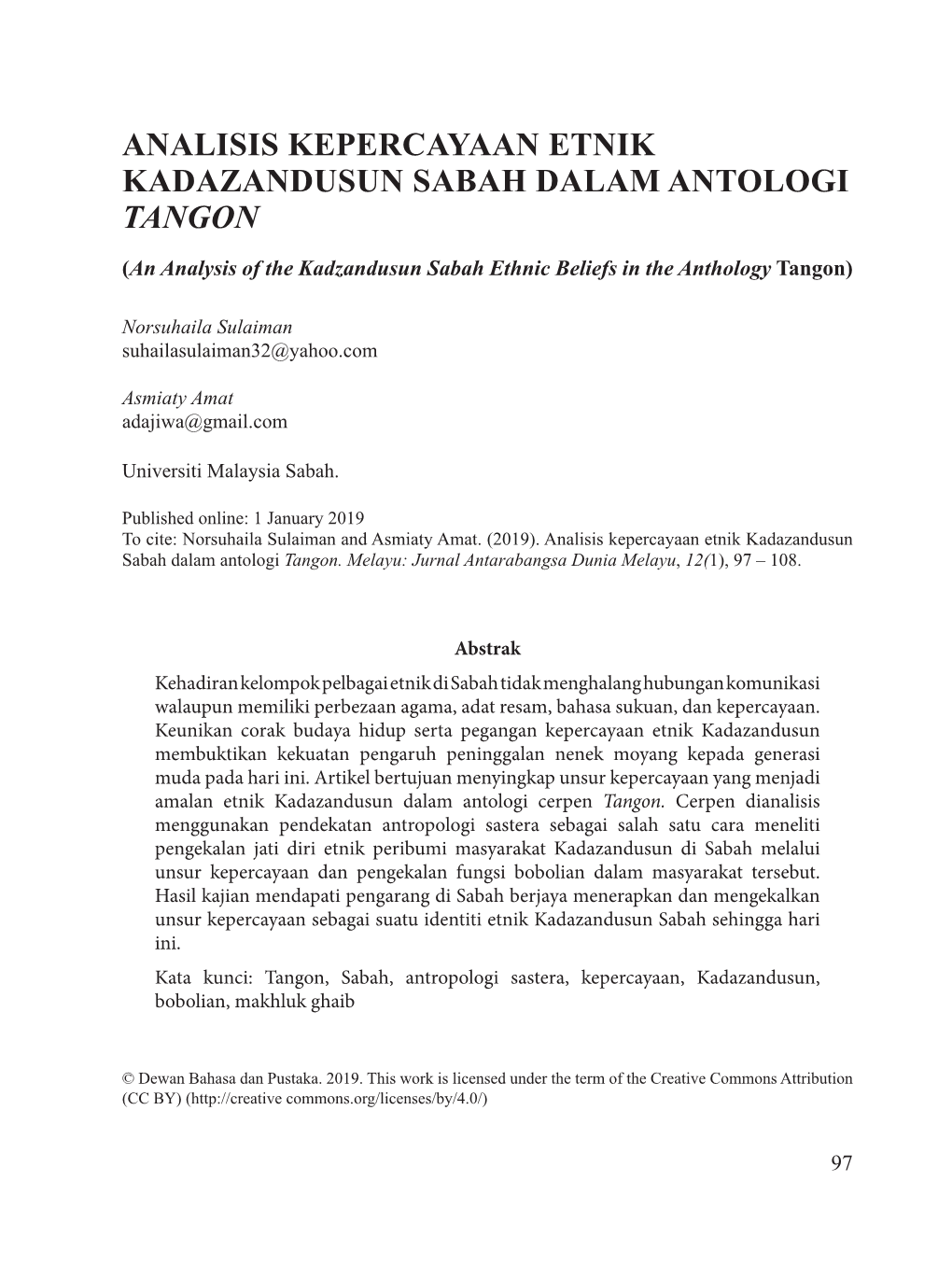 Analisis Kepercayaan Etnik Kadazandusun Sabah Dalam Antologi Tangon