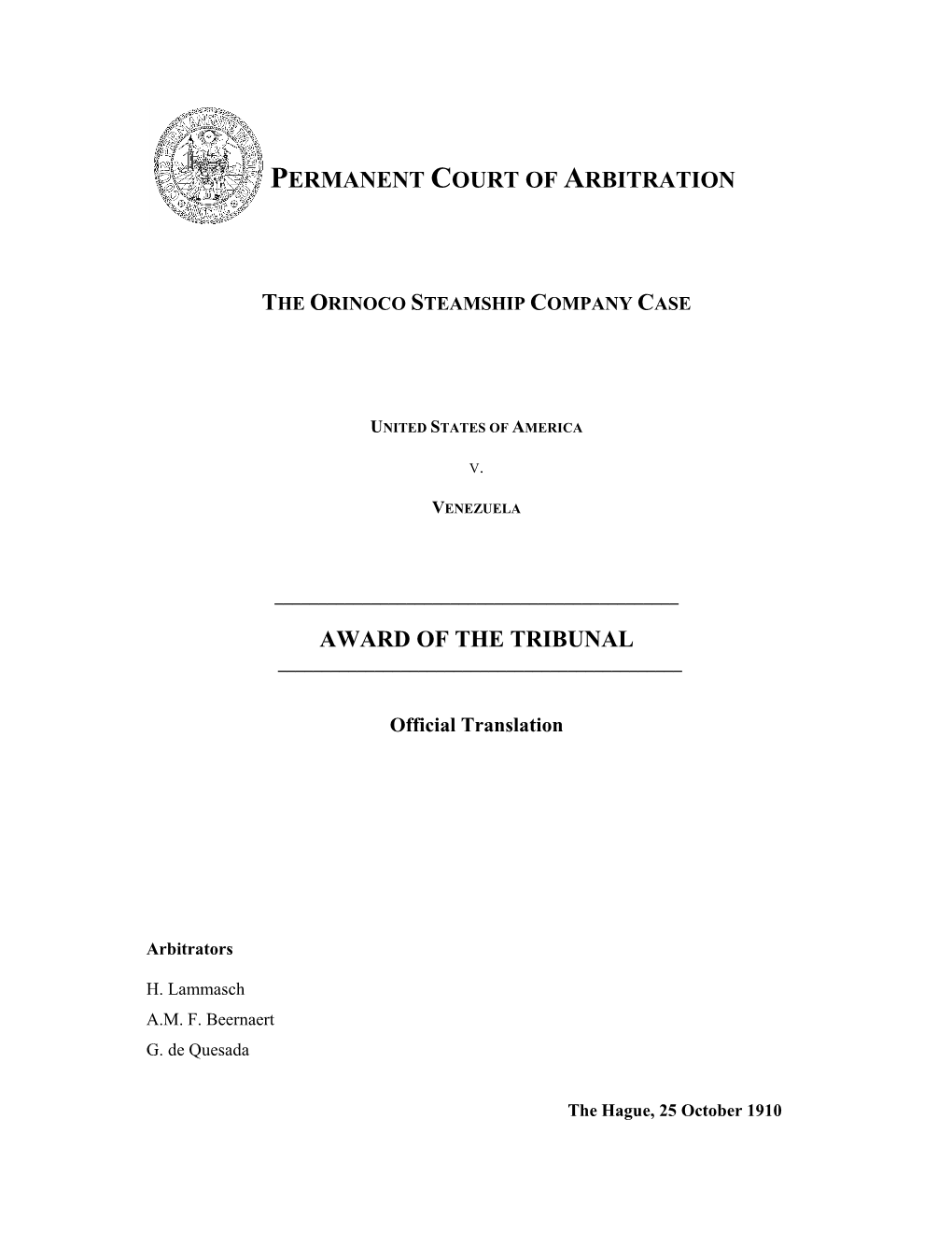 Permanent Court of Arbitration Award of The