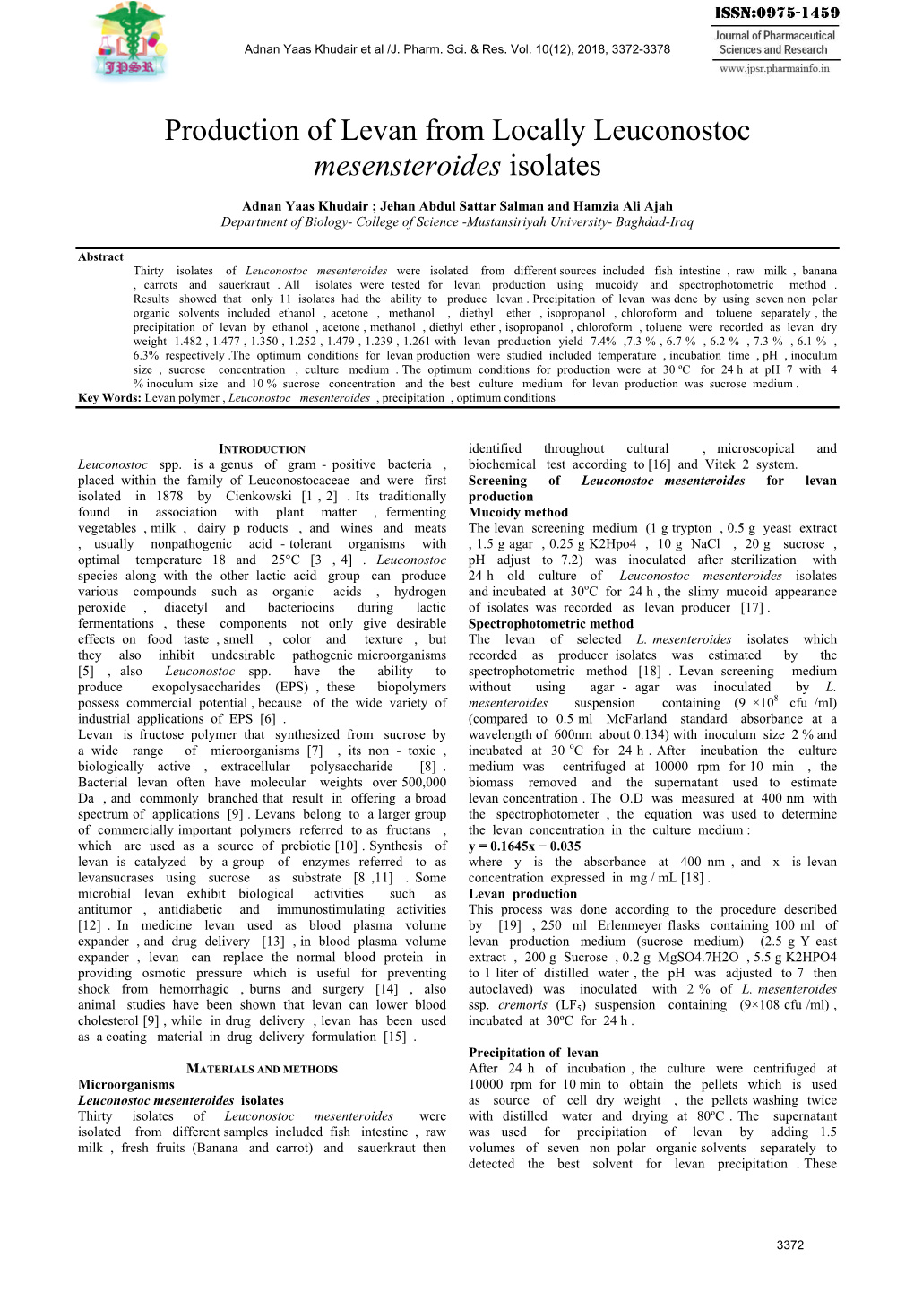 Production of Levan from Locally Leuconostoc Mesensteroides Isolates