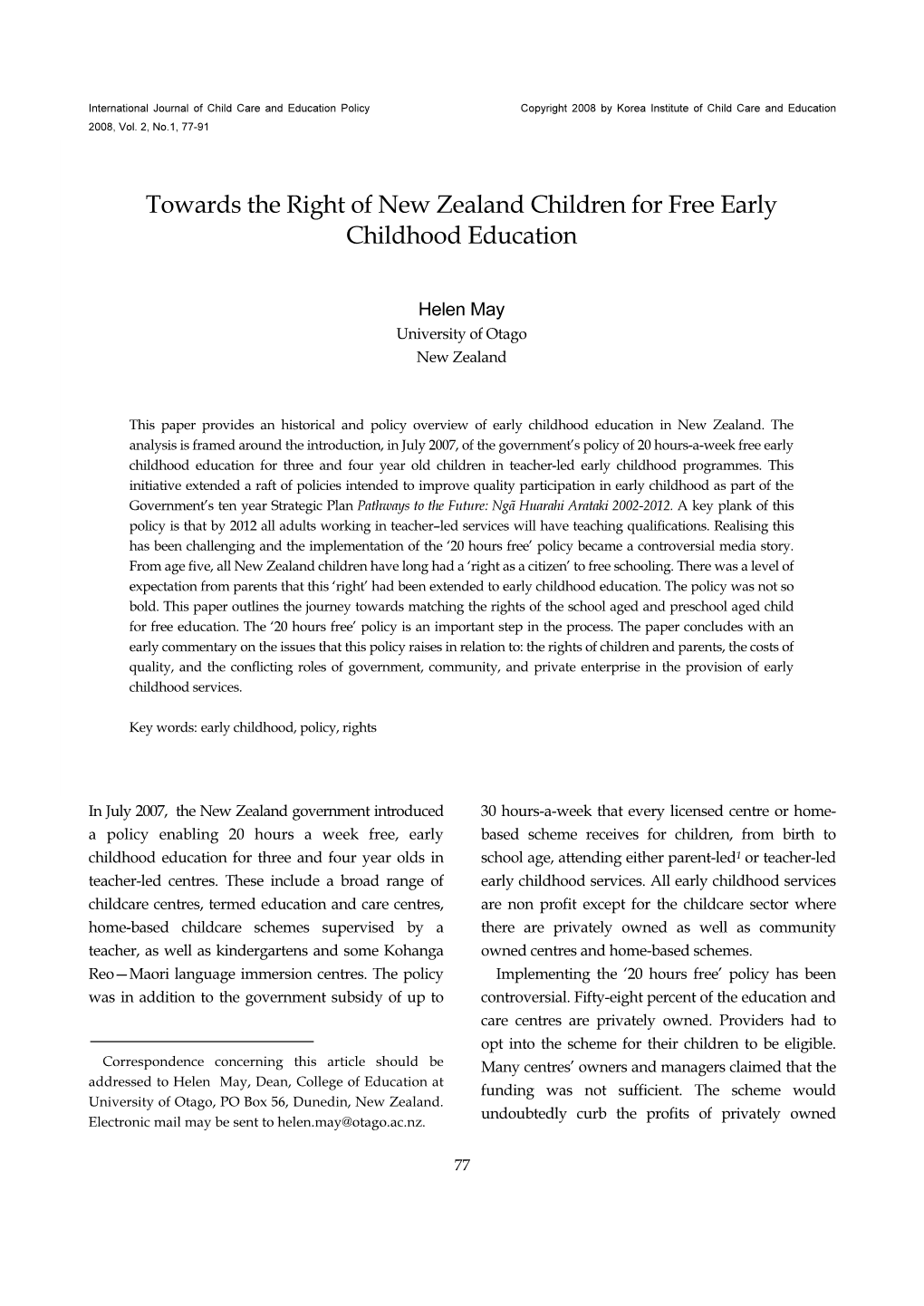 Towards the Right of New Zealand Children for Free Early Childhood Education