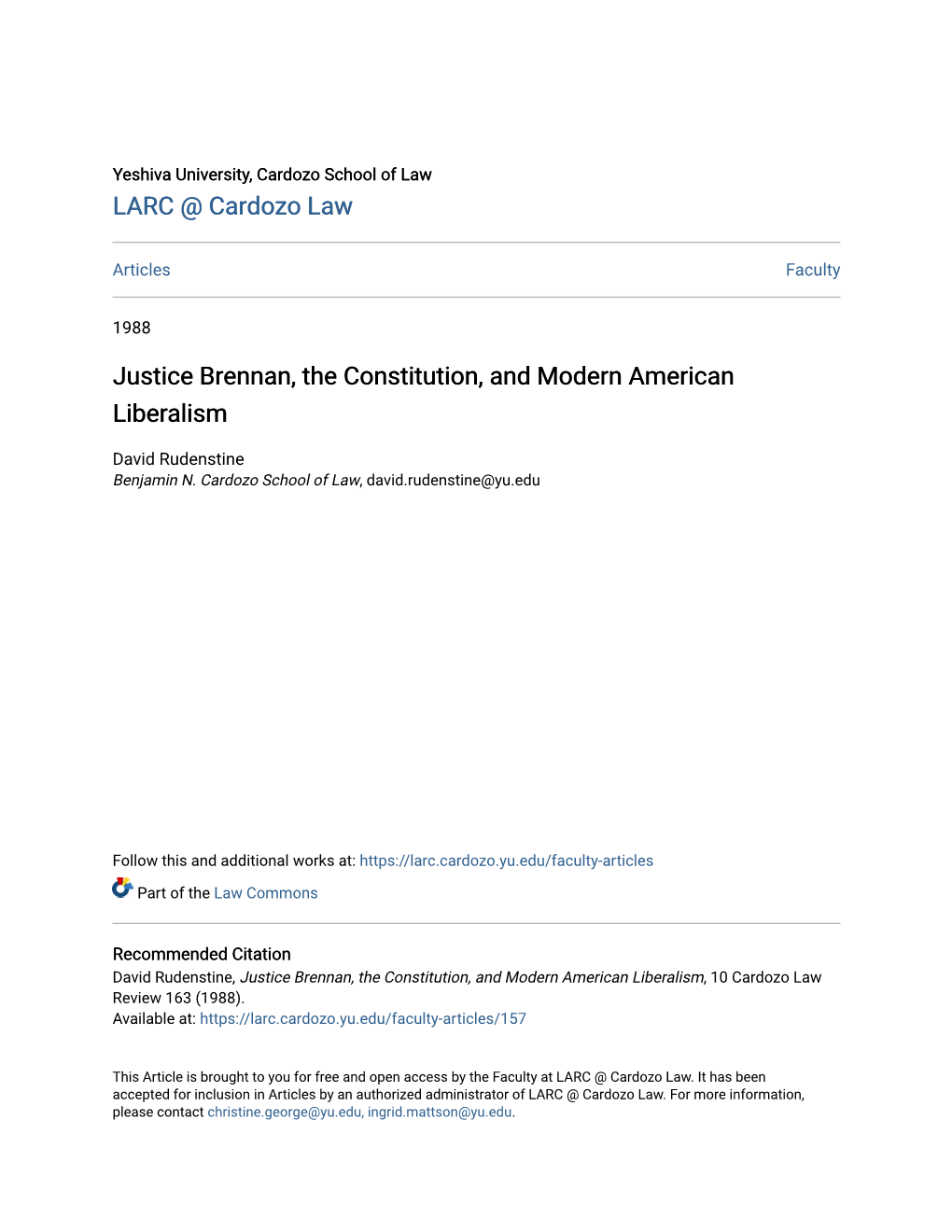 Justice Brennan, the Constitution, and Modern American Liberalism