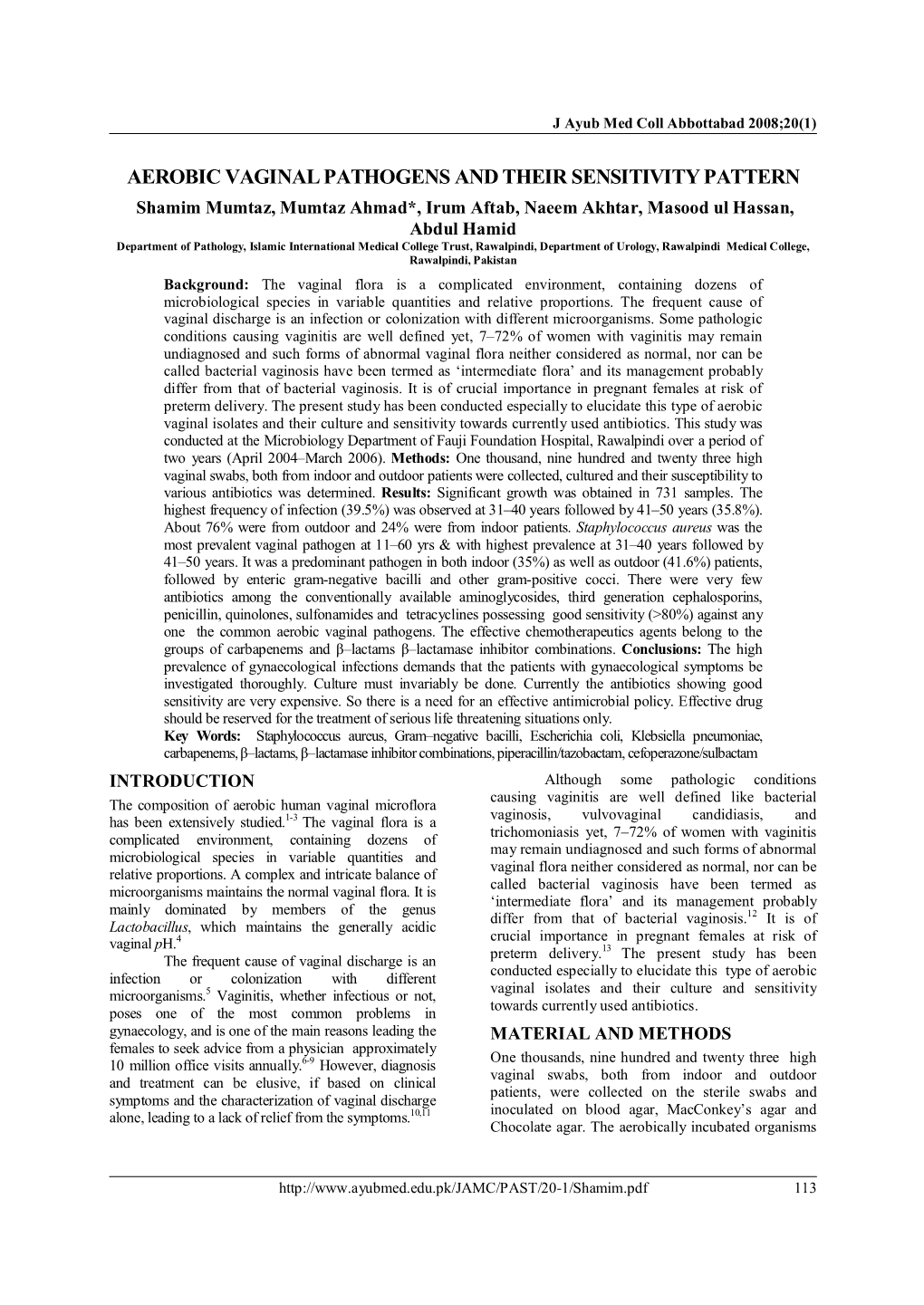 Aerobic Vaginal Pathogens and Their Sensitivity Pattern