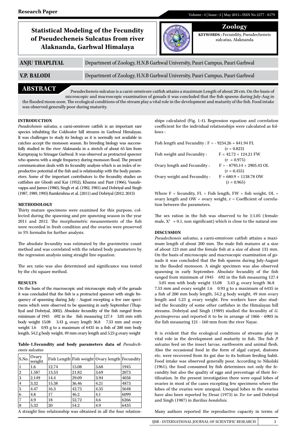 Zoology Statistical Modeling of the Fecundity of Pseudecheneis