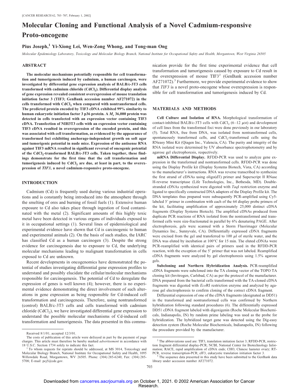 Molecular Cloning and Functional Analysis of a Novel Cadmium-Responsive Proto-Oncogene