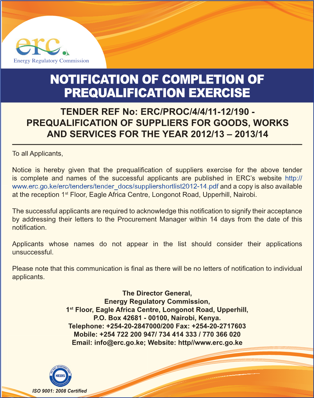 Notification of Completion of Prequalification Exercise