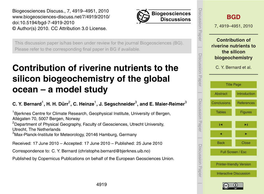 Contribution of Riverine Nutrients to the Silicon Biogeochemistry
