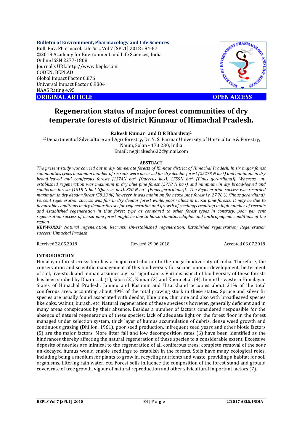 Regeneration Status of Major Forest Communities of Dry Temperate Forests of District Kinnaur of Himachal Pradesh