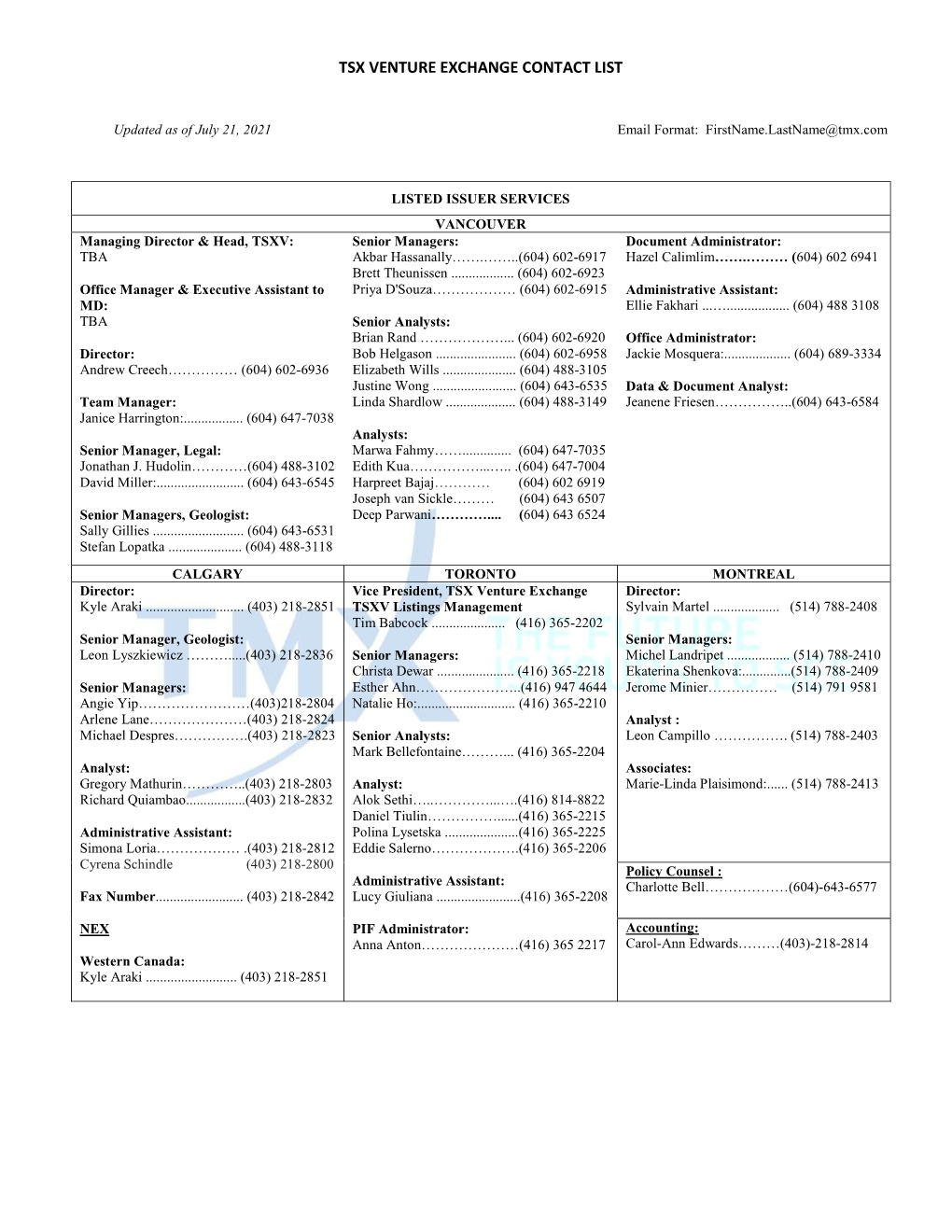 Tsx Venture Exchange Contact List