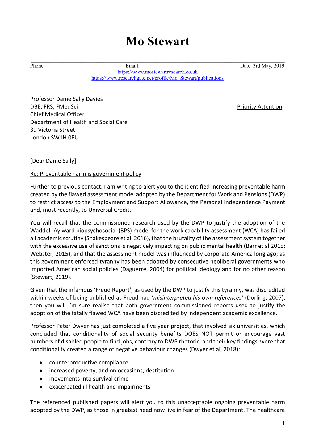 Letter to Professor Dame Sally Davies Chief Medical Officer Dpt of Health and Social Care