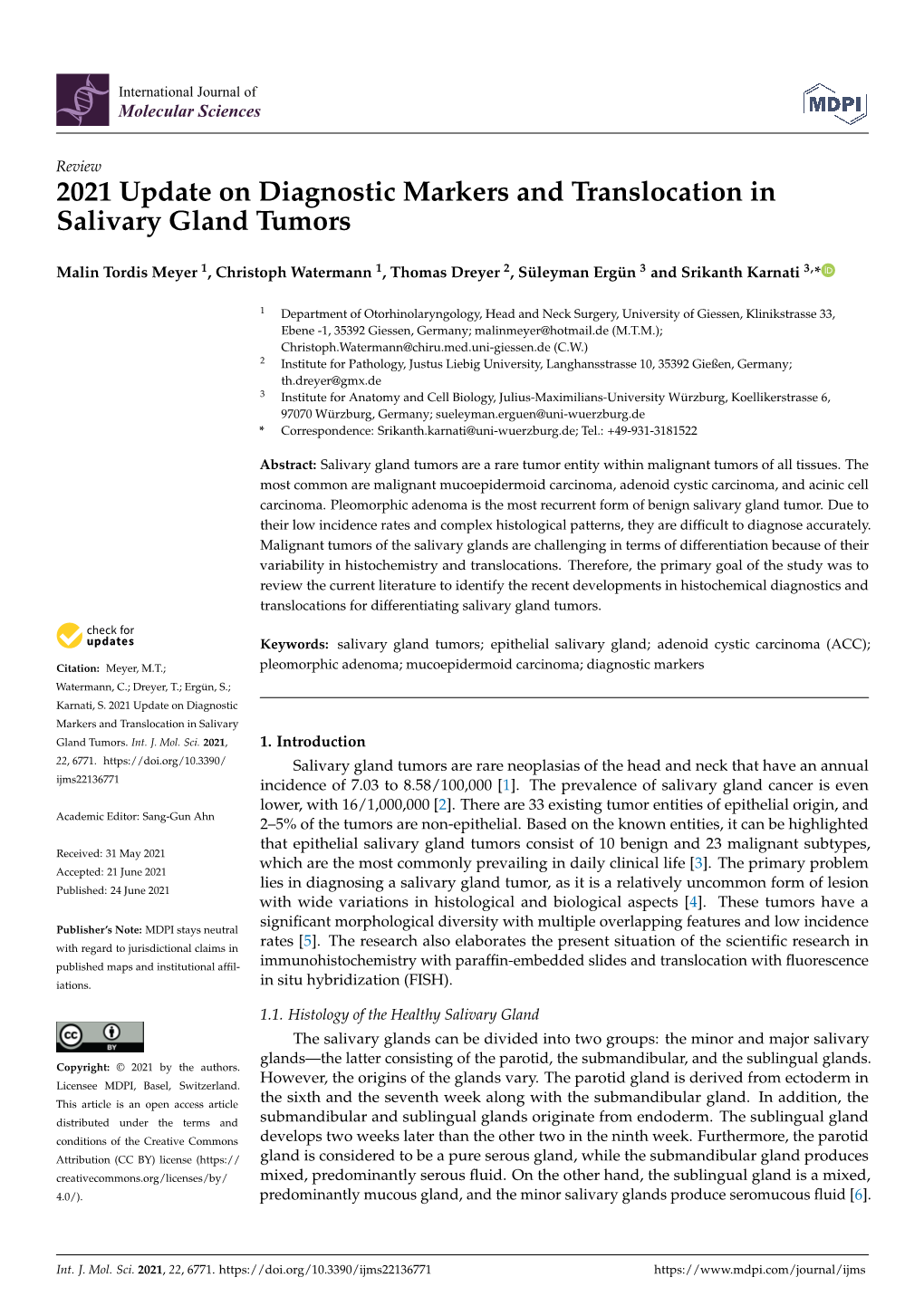 2021 Update on Diagnostic Markers and Translocation in Salivary Gland Tumors