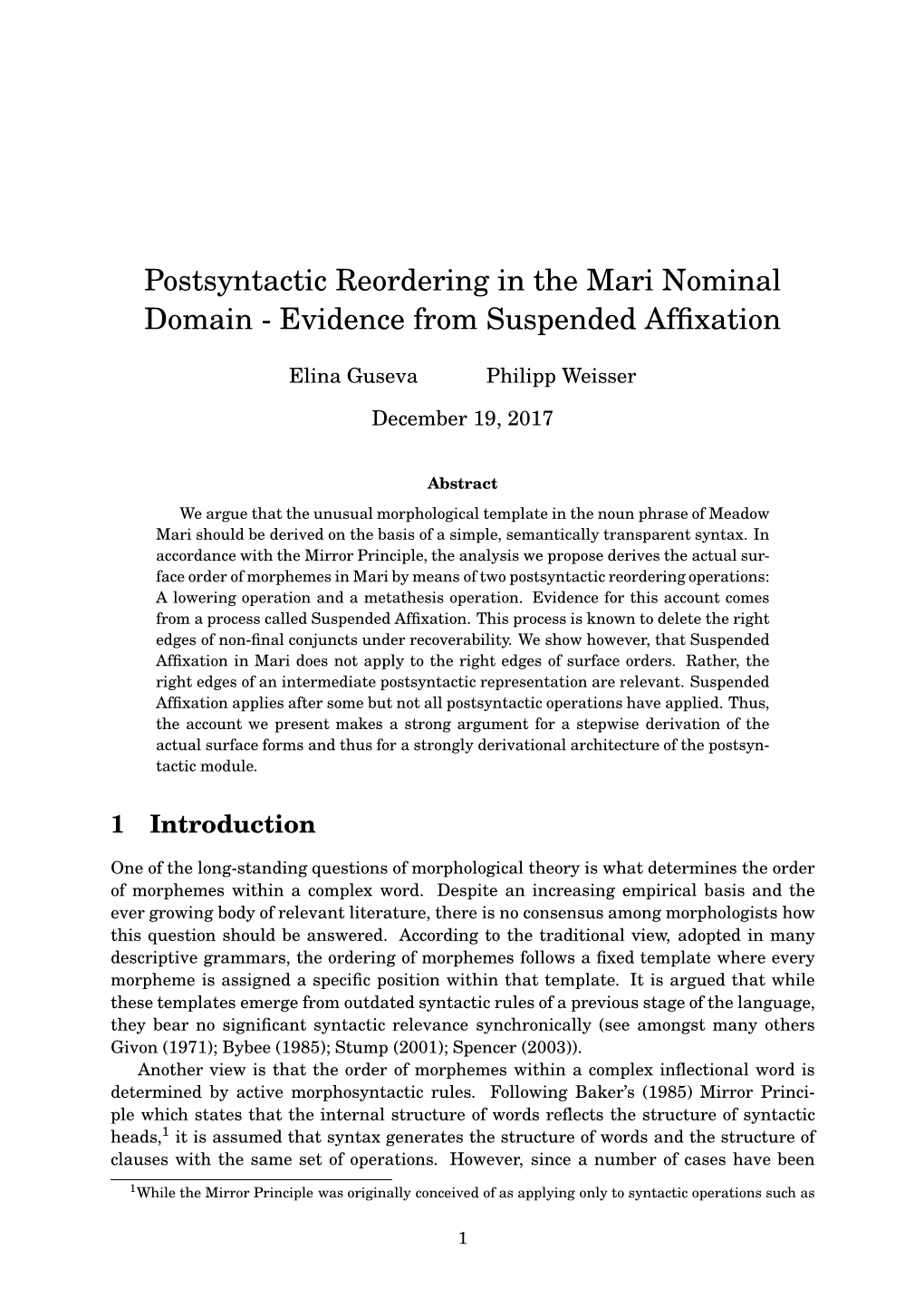 Postsyntactic Reordering in the Mari Nominal Domain - Evidence from Suspended Afﬁxation
