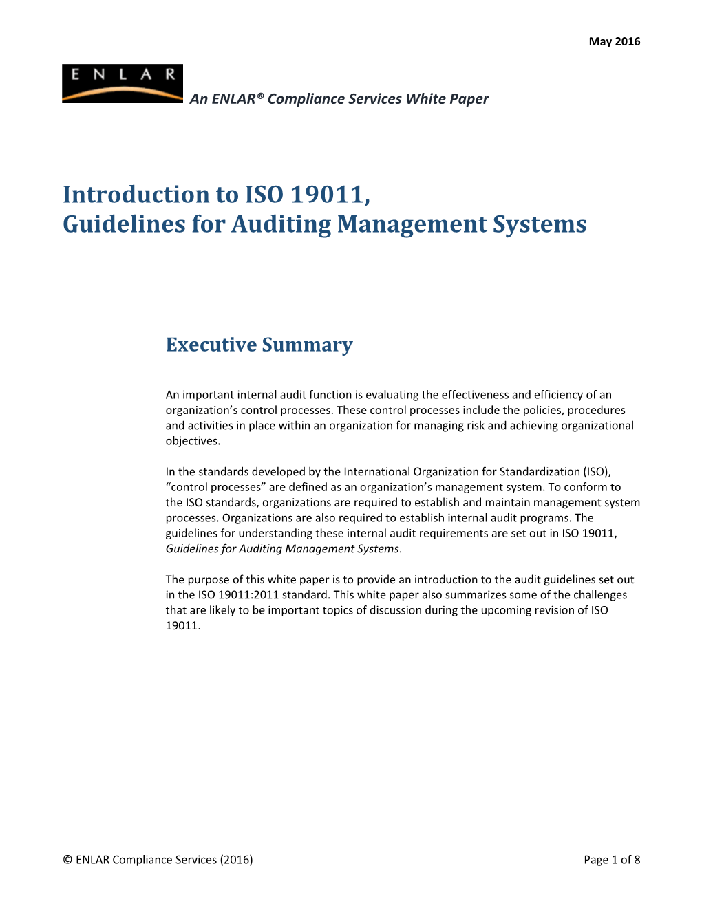 Introduction to ISO 19011, Guidelines for Uditing Management Systems