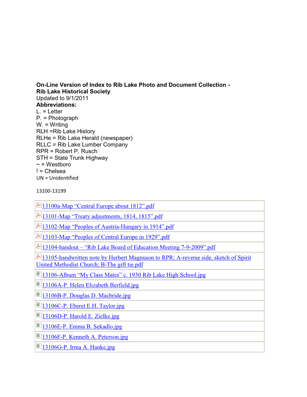 On-Line Version of Index to Rib Lake Photo and Document Collection - Rib Lake Historical Society Updated to 9/1/2011 Abbreviations: L